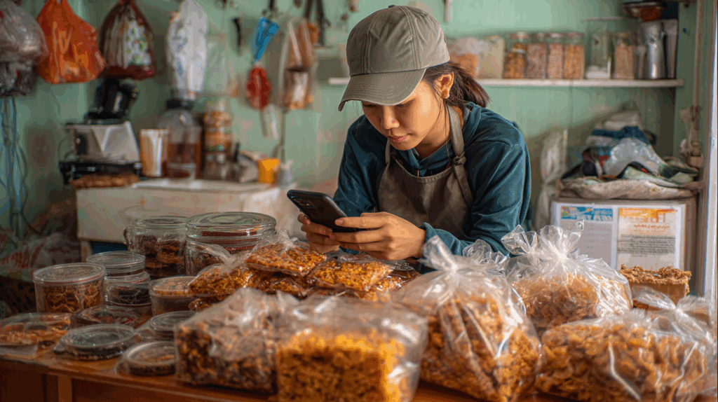Cô gái Việt bán đồ ăn vặt online, đóng gói sản phẩm handmade trong bếp tại nhà.