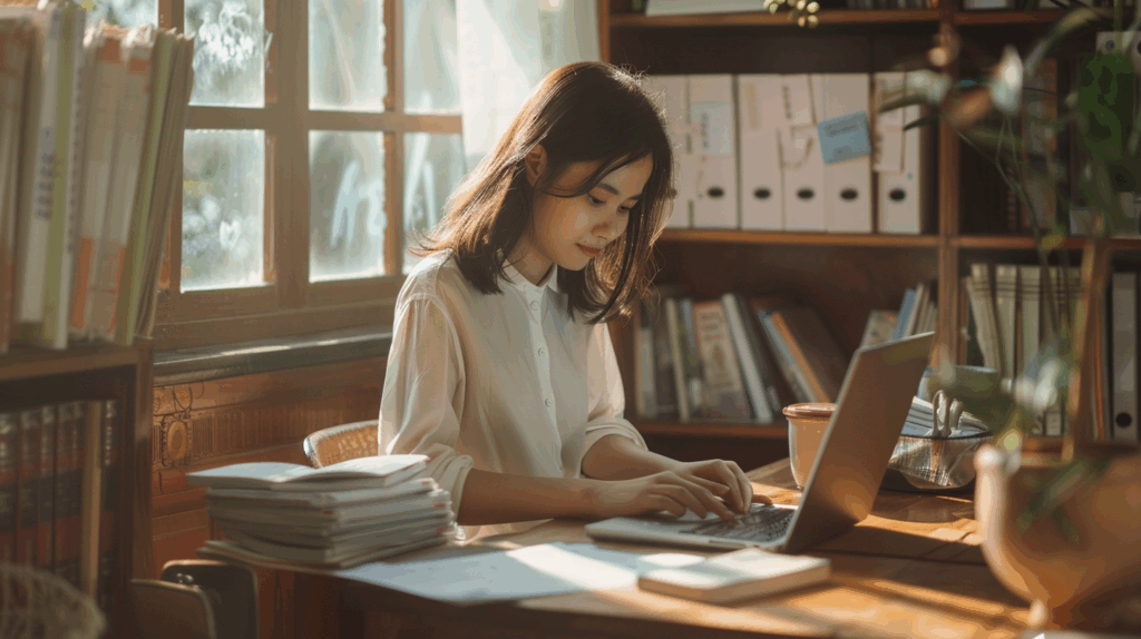 Người Việt lập ngân sách cá nhân bằng laptop, sổ tay và tiền mặt trên bàn làm việc.