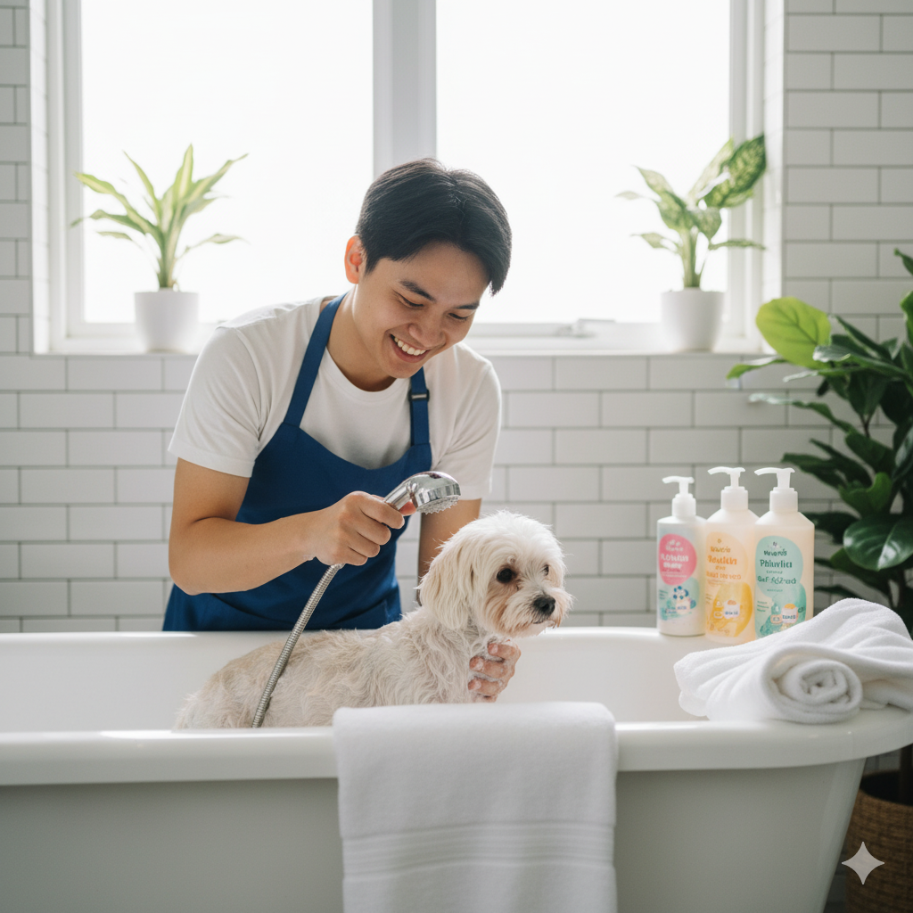 Người Việt tắm rửa và chăm sóc thú cưng tại nhà trong không gian sạch đẹp.