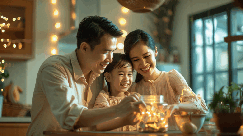 Gia đình Việt hạnh phúc cùng tiết kiệm tiền vào hũ ‘Tiết kiệm’ sau khi lập ngân sách cá nhân.