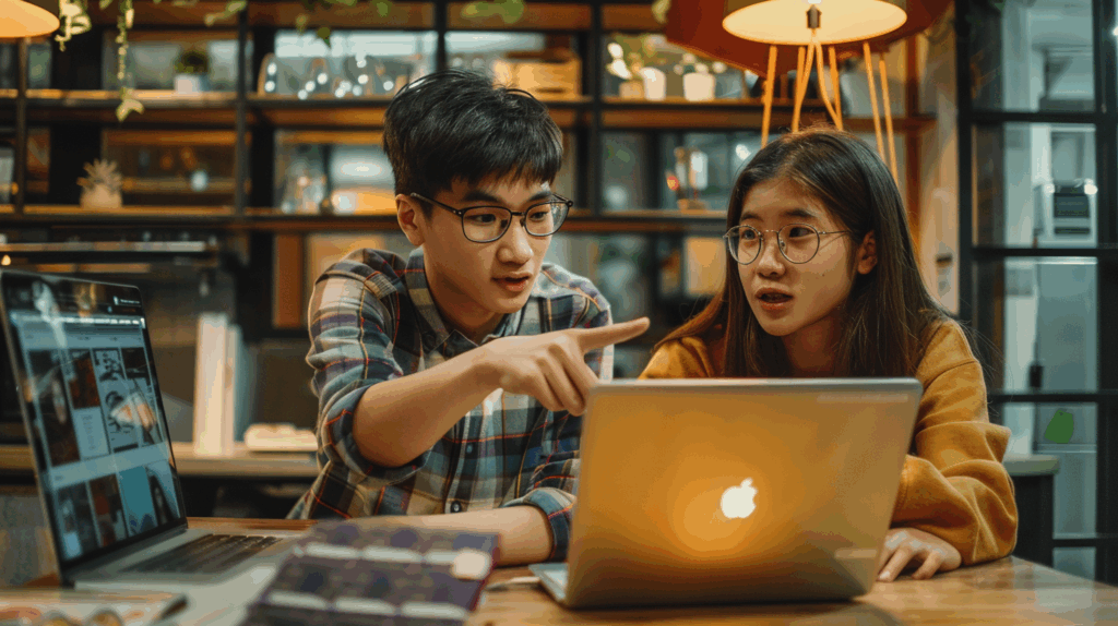 Hai bạn trẻ Việt tranh luận về sai lầm trong kinh doanh online tại nhà.
