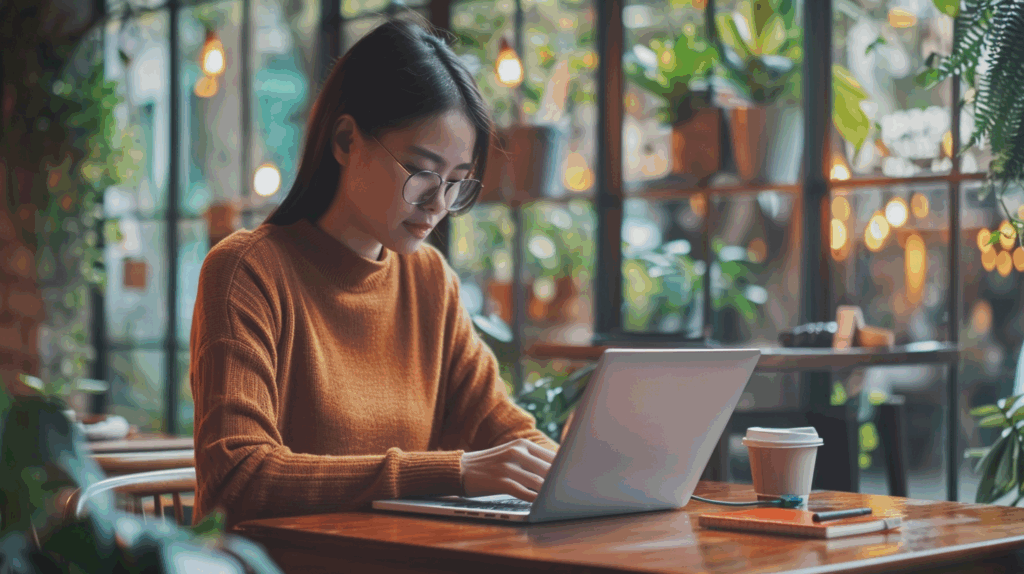 Freelancer Việt viết nội dung quảng cáo tại quán cà phê nhỏ, làm việc tự do.